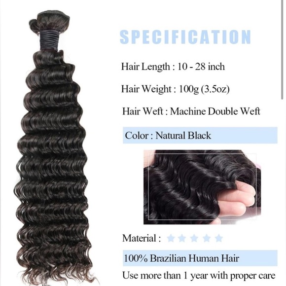 24” Deep Wave Human hair Extensions Natural Black Bundle - Picture 4 of 10